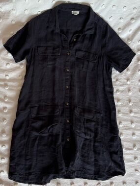 Sundance Black Casual Button-Front Shirt Dress | 100% Linen